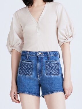 DEREK LAM 10 CROSBY LUNA HIGH RISE SHORT $255 Quilted Pocket Denim Shorts Sz 25